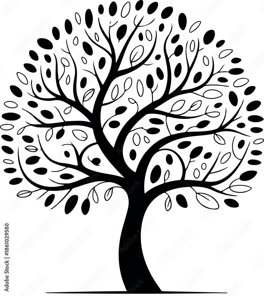 Obraz premium Tree of Life Vector Illustration – Minimal Black and White Design. Abstract Tree of Life Silhouette – Decorative Nature Vector. Minimalist Tree Vector – Elegant Black Tree Illustration. 