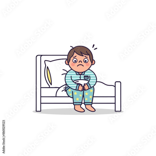 Scared Child Sitting on Bed at Night, Insomnia, Fear