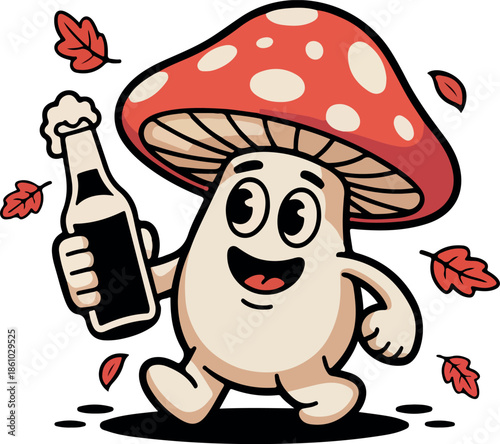 Funny Mushroom Mascot with Beer – Cartoon Vector Illustration. Cute Cartoon Mushroom Character Holding Beer Bottle Illustration. Mushroom Character Mascot. Happy Mushroom Cartoon Character 