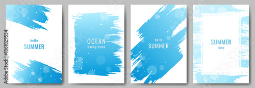 Set of marine backgrounds. Four posters, hand-drawn with brush strokes in blue colors. Place for text. Vector illustration. Design for postcard, wallpaper, flyer, brochure cover.