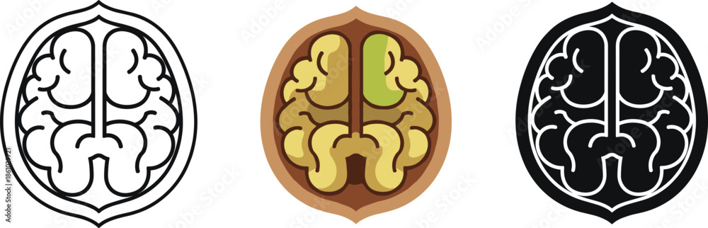Fototapeta premium Walnut brain icon vector set illustrating intelligence mind health thinking and cognitive concept symbols