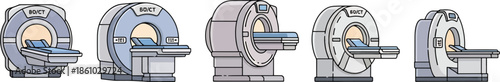 CT scan MRI medical scanner machine icon set illustrating diagnostic imaging technology hospital equipment and radiology department visuals