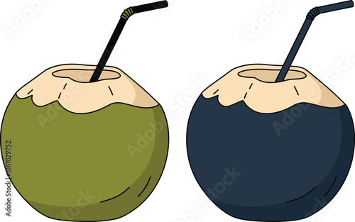 Coconut drink vector set featuring fresh coconut with straw tropical beverage and summer refreshment illustration
