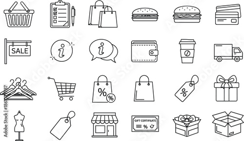 Shopping and ecommerce outline icons vector set with retail sale delivery payment and store symbols