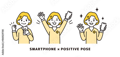 スマートフォンを手に、ポジティブな表情・ポーズをするおばあさんのベクターイラスト素材セット