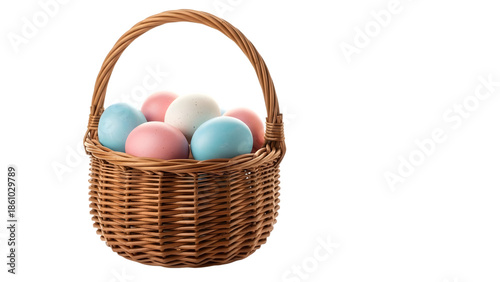 Wicker basket filled with pastel easter eggs isolated on transparent background