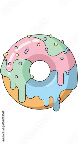 Colorful dripping donut illustration with pastel glaze and sprinkles.