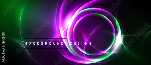Vibrant neon lights form abstract circles, curves. Dark background contrasts bright colors, creating dynamic visual effect. Modern design element.