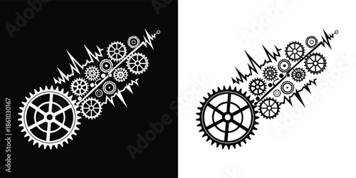 A mechanical heart beat made of gears, depicted in a black and white sketch, symbolizing the fusion of technology, life, and engineering