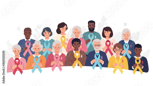 Vector illustration of a diverse multi-ethnic group of business men, women, and children holding hands to show teamwork, friendship, and community togetherness