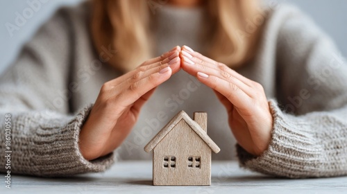 Hands protecting a miniature wooden house, symbolizing home protection and security