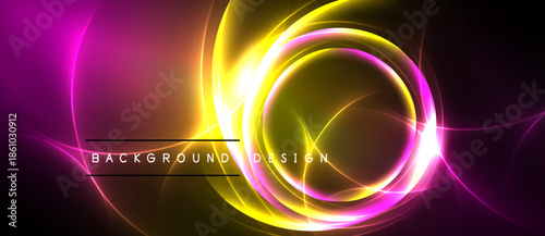 Bright neon circles overlap dark background. Vivid pink, yellow hues create dynamic visual effect. Modern design element.