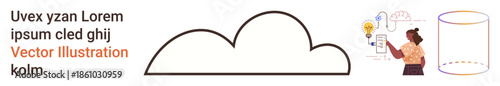 Creative thinking, brainstorming, cloud computing, innovation, design planning, problem-solving. Minimal cloud shape, cylinder diagram and woman with light bulb. Brainstorming and cloud computing