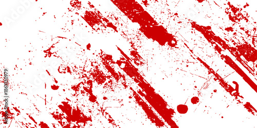 A vibrant red grunge texture background features artistic ink splatters and paint stains in a vector illustration pattern suitable for a festive Christmas banner or gritty wallpaper backdrop