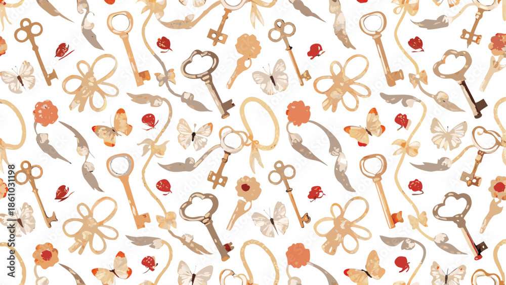 Fototapeta premium A whimsical pattern featuring antique keys butterflies and delicate floral elements