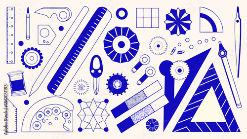 A collection of blue drafting tools and geometric shapes on a cream background