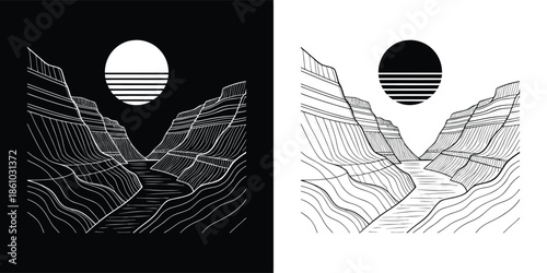 Monochrome mountain landscape with river and sun, evoking a sense of adventure and tranquility, perfect for naturethemed designs and illustrations