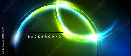 Abstract neon lights create dynamic curves. Green, blue hues dominate design, offering modern aesthetic. Background text reads background design.