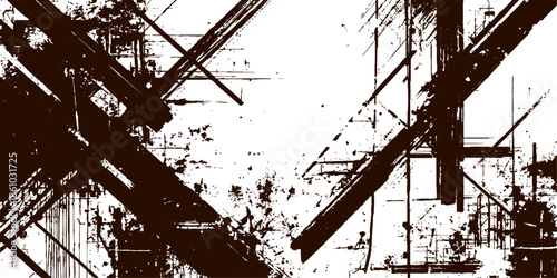 Vintage urban industrial illustration featuring grunge ink splashes over a vector silhouette of a construction crane and power tower within a decorative frame design