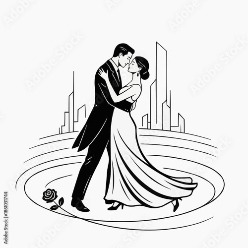 Elegant couple dancing in an urban setting, surrounded by skyscrapers
