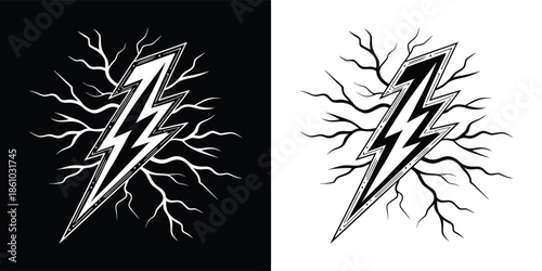 A striking black and white illustration of a lightning bolt with jagged edges, conveying power and energy with a bold and graphic design