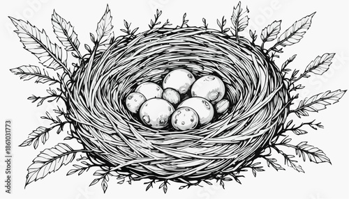 Illustration of a bird's nest with eggs and surrounding foliage