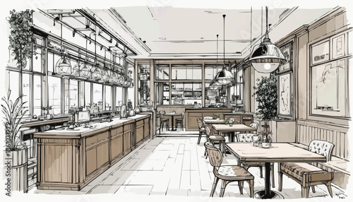 Sketch of a cozy café interior with wooden furniture and large windows