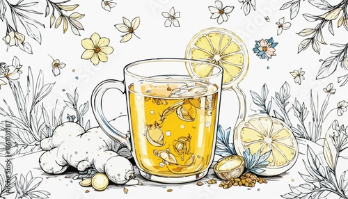 Vector illustration of herbal tea with lemon, ginger, and floral elements
