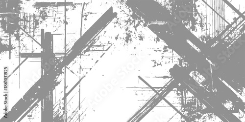 Abstract black and white grunge background featuring a vintage vector illustration of a city power tower with industrial architecture and line art textures