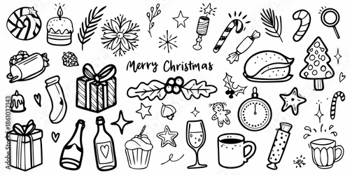 Hand drawn christmas doodles featuring food gifts and celebratory items