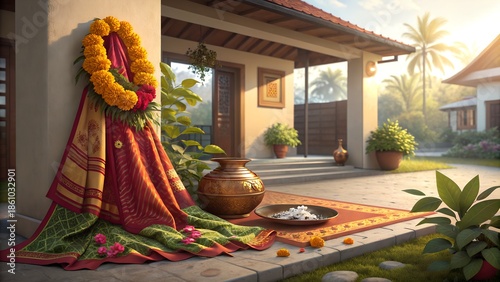 Silk Cloth Gudi With Flowers And Copper Pot