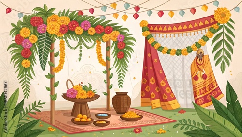 Gudi Padwa Setup With Flowers And Neem Leaves