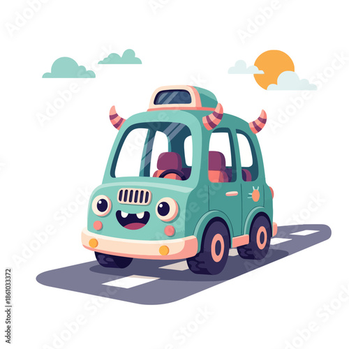 monster car driving on road, cartoon style clip art preview