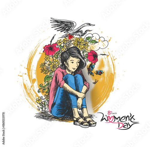 A thoughtful young woman sits embracing her knees amidst blooming flowers and a bird in flight, with "8th march women's day" text, artistic hand-drawn vector illustration.