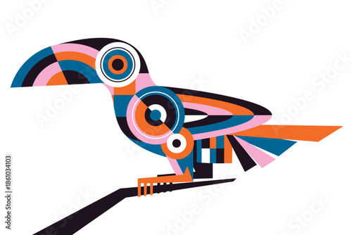 An abstract toucan bird illustration composed of geometric shapes in pink blue and orange set against a white background, perfect for modern graphic design projects