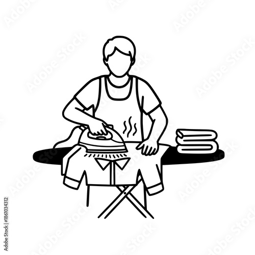 A person ironing clothes on an ironing board with a stack of folded towels nearby