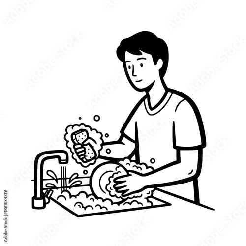 Man washing dishes in a sink with running water and soap suds