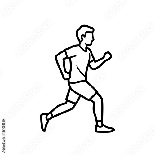 A young man is jogging alone outdoors on a clear day from a side viewpoint.