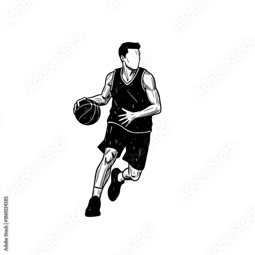 A male basketball player in action, dribbling a ball on the court, illustration, black and white, dynamic pose
