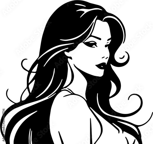 woman with long hair and beauty face illlustration sketch design art black and white 