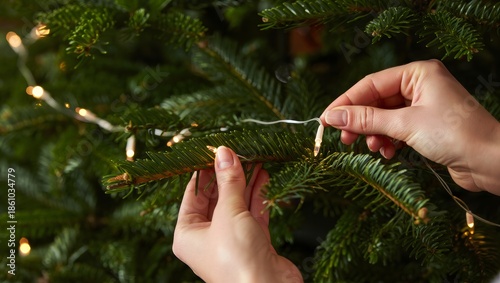 Hands Decorating Christmas Tree with String Lights