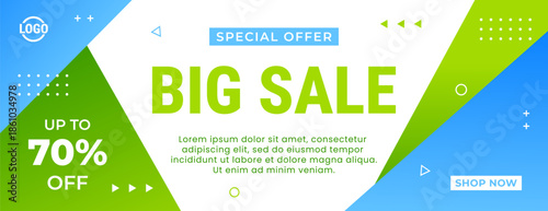 Big Sale banner with green and blue modern geometric background, up to 70% off, suitable for sales promotion, marketing ads, e-commerce, events, social media, web and header