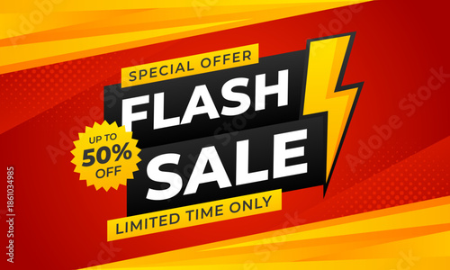 Flash sale banner template with modern red and orange gradient background, up to 50% off, suitable for sale promotions, e-commerce, marketing ads, events, web, pages, and more