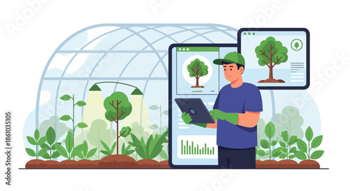 Farmer Using Tablet in Greenhouse Agriculture.