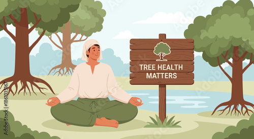 Man Meditating Near Tree Health Sign.