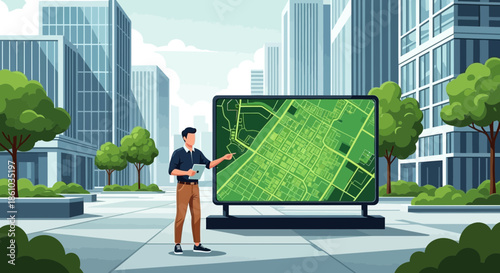Man presenting large digital green map display.