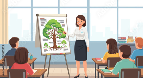 Teacher presenting illustration of a tree.