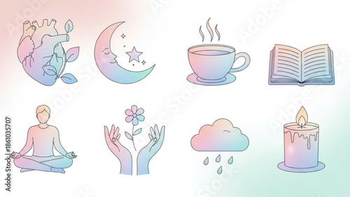 Pastel icons of meditation, nature and relaxation elements including heart with leaves