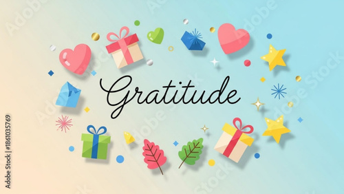 Gratitude concept with colorful gifts hearts stars and confetti on gradient background