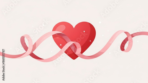 Red heart with pink ribbon on white background for love and valentines day concepts